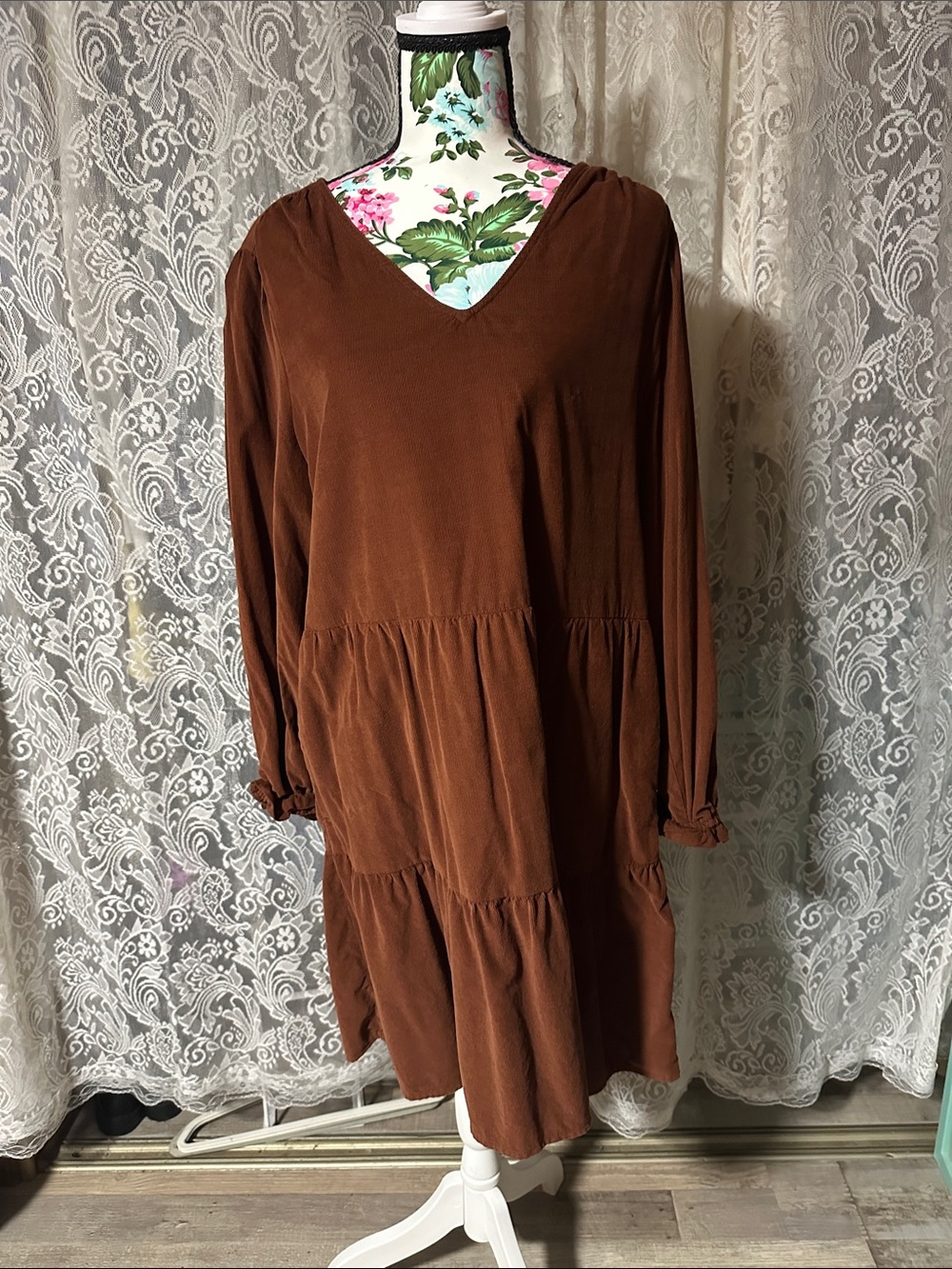 Time and Tru Brown V-Neck Tiered Long Sleeve Corduroy Dress